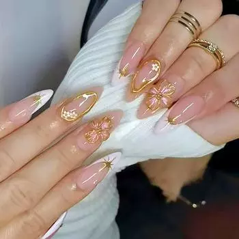 24 шт. Миндальные накладные ногти Полное покрытие Наклейки для ногтей с 3D цветочным шармом Акриловые накладные ногти Маникюр Искусство Украшение