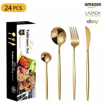 24 шт. набор ножей, вилок, ложек, стейков, западная еда, блестящая простая нержавеющая сталь, бамбуковая ручка, домашняя посуда