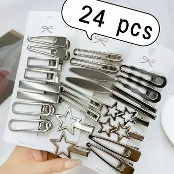 24 шт./набор серебристых металлических заколок для волос для женщин, девочек, заколка для волос в виде звезды, несколько стилей, бесшовная заколка-утиный клюв, аксессуары для волос для девочек