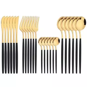 24 шт., набор столовой посуды черного золота, ножи, вилка, чайная ложка, набор столовых приборов, зеркало, посуда из нержавеющей стали, серебро, кухонные столовые приборы серебряный