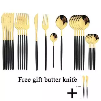 24 шт., набор столовой посуды из черного золота, вилка из нержавеющей стали, ложка, нож, обеденная посуда с ножом для масла и сыра, базовый набор столовых приборов для кухни серебряный