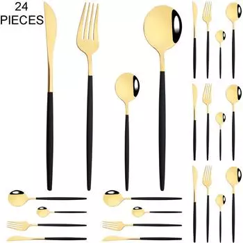 24 шт., набор столовых приборов из черного золота, посуда из нержавеющей стали в западном стиле, нож, вилка, кофейная ложка, столовые приборы, вечерние кухонные столовые приборы, столовое серебро серебряный