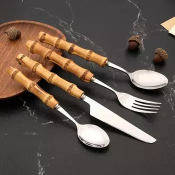 24 шт. Набор столовых приборов из натурального бамбука с серебряной ручкой, набор столовых приборов из нержавеющей стали, кухонные ножи, вилки, ложки, набор столовых приборов