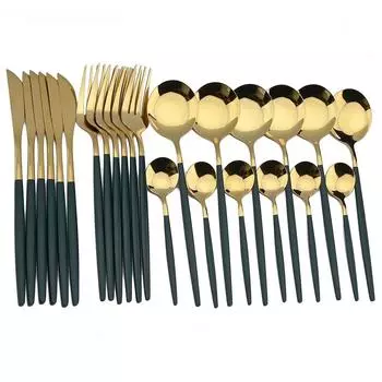24 шт., набор столовых приборов из нержавеющей стали, кухонный набор столовых приборов зеленого золота, нож, вилка, ложка, столовые приборы, простое серебро золотой