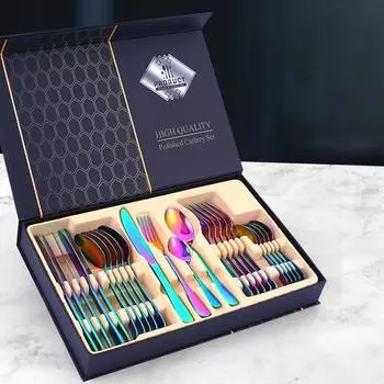 24 шт., набор столовых приборов из нержавеющей стали с подарочной коробкой, набор для друзей, семейная свадебная посуда, набор столовой посуды серебряный