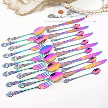 24 шт., набор столовых приборов, разноцветный набор столовых приборов, посуда из нержавеющей стали в стиле вестерн, винтажный нож, вилка, длинная ложка для льда, набор столовых приборов серебряный