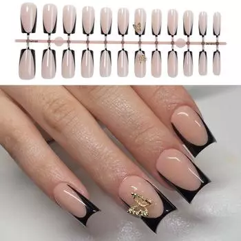 24 шт. накладные ногти черного цвета для французского маникюра с бабочкой, полное покрытие, наклеиваемые ногти для женщин и девочек