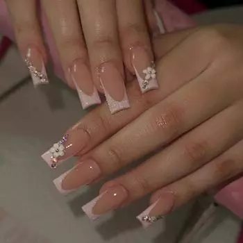 24 шт., накладные ногти, готовые ногти, накладные цветы, вспышка, бриллианты, французский квадратный ноготь