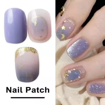 24 шт., накладные ногти, изысканный блеск, океан, звезда, луна, стиль, накладные ногти, носимые патчи для дизайна ногтей для женщин и девочек фиолетовый