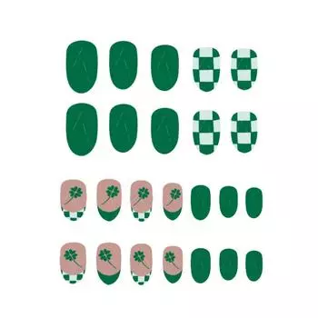 24 шт. Накладные ногти на День Святого Патрика, короткие миндалевидные, с трилистниками, самоклеящиеся, с французским кончиком, акриловые