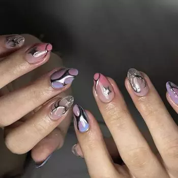 24 шт. Накладные ногти с французским кончиком, короткие овальные, искусственные ногти с серебристыми полосками, акриловые ногти с градиентом, полное покрытие, наклейки для ногтей