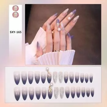 24 шт. накладные ногти с готовым средним и длинным градиентом, пульсирующая жемчужная подвеска, набор гель-лаков для ногтей, дизайн ногтей 23
