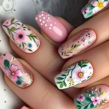 24 шт. Накладные ногти Весенний цветок Глянцевые Полное покрытие Наклейки на ногти Ногти-гроб Искусственные ногти Маникюр для женщин