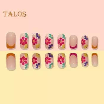 24 шт., накладные ногти, весенние красочные цветы, наращивание ногтей, полное покрытие, без запаха, для женщин и девочек, накладные ногти для салона домашнего использования разноцветный