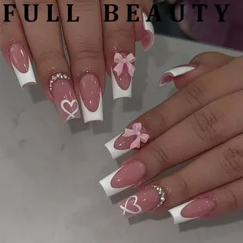 24 шт. накладных ногтей для французского маникюра с подвесками, средние накладные ногти, белые накладные ногти для французского маникюра, милые бантики, длинные