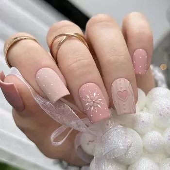 24 шт. накладных ногтей Girly Pink Sweet Girl French Frosted Texture трехмерные снежинки Love Christmas накладные ногти