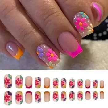 24 шт. накладных ногтей с клеем, милые весенние красочные цветы, квадратные короткие наращиваемые ногти, полное покрытие для женщин и девочек, накладные ногти для салонов и домашнего использования разноцветный