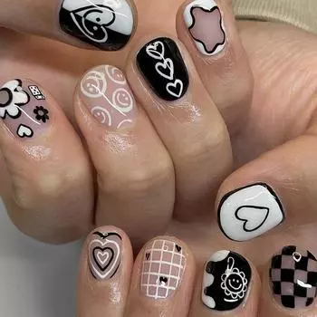24 шт. накладных ногтей, симпатичные шахматные черно-белые короткие ногти, любовь к внешнеторговому стилю, простые, чистое желание, съемные короткие ногти