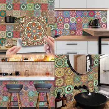 24 шт. наклейки на плитку мандалы в стиле ретро, красочные водонепроницаемые термостойкие самоклеящиеся плитки, пленка на стену ET212