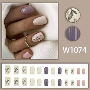 24 шт. Небольшие свежие фиолетовые маникюрные элементы, чернильная смывка, опавшие листья, размазанные листья, украшенные золотой фольгой, нишевый темперамент, ношение доспехов