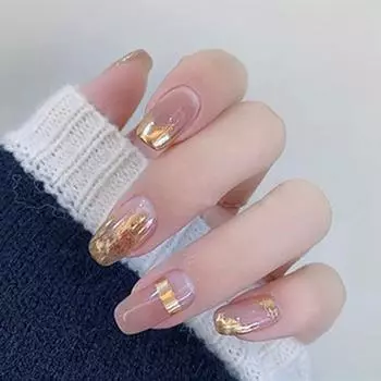 24 шт. новые французские золотые накладные ногти, длинные ногти, голая пудра, съемные носимые ногти, готовые ногти