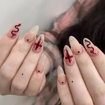 24 шт. Новые миндальные А-образные элементы с узором крест-змея, однотонные, 24 шт., носимые ногти для дизайна ногтей