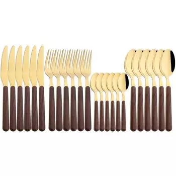 24 шт. нож вилка чайная ложка столовая посуда деревянная ручка столовые приборы набор глянцевая столовая посуда из нержавеющей стали столовое серебро кухонные приборы