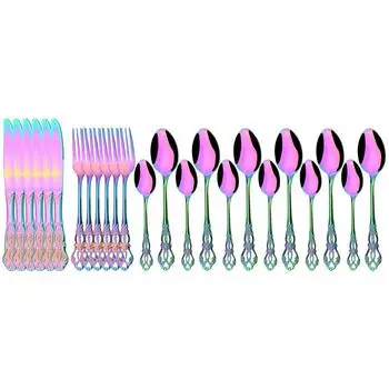 24 шт., нож, вилка, ложка для льда, набор столовой посуды, красочный набор столовых приборов из нержавеющей стали, винтажная полая посуда, столовое серебро для свадебной вечеринки серебряный