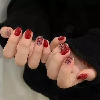 24 шт. Осенние и зимние красные и синие клетчатые белые простые цветные глянцевые повседневные короткие 24 шт. носимые ногти