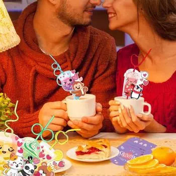 24 шт. открыток ко Дню святого Валентина для детей, тематические открытки с животными и многоразовыми трубочками, мультяшные валентинки для игры по обмену в классе Sets