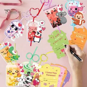 24 шт. открыток ко Дню святого Валентина для детей, тематические открытки с животными и многоразовыми трубочками, мультяшные валентинки для обмена призами в классе Sets