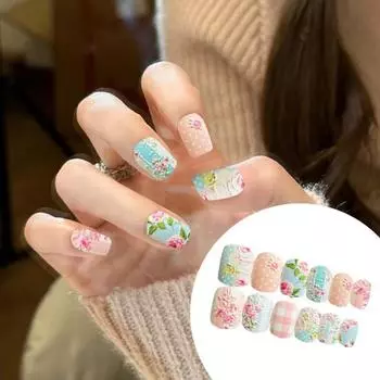 24 шт., пресс для ногтей с клеем, красочное 3D тиснение, квадратное короткое наращивание ногтей, полное покрытие, салон для дома, для женщин и девочек, набор накладных ногтей D