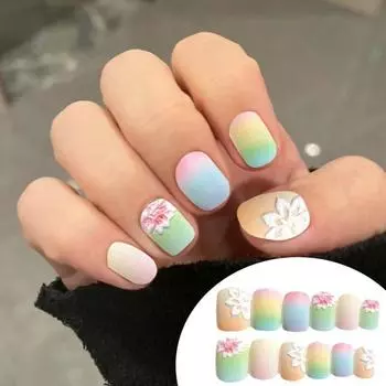 24 шт., пресс для ногтей с клеем, красочное 3D тиснение, квадратное короткое наращивание ногтей, полное покрытие, салон для дома, для женщин и девочек, набор накладных ногтей D