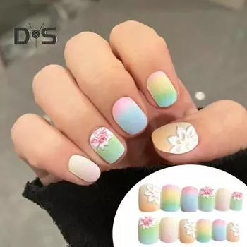 24 шт., пресс для ногтей с клеем, красочное 3D тиснение, квадратное короткое наращивание ногтей, полное покрытие, салон для дома, для женщин и девочек, набор накладных ногтей A