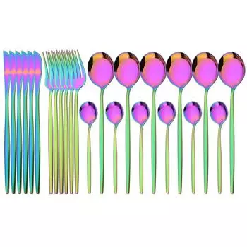 24 шт. разноцветный набор столовых приборов, столовые приборы из нержавеющей стали в стиле вестерн, столовые приборы, нож, вилка, кофейная ложка, столовые приборы, домашняя кухонная посуда, серебро серебряный