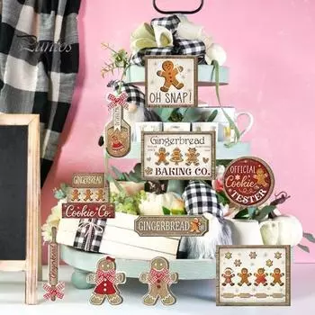 24 шт. рождественских многоярусных подносов, украшения из дерева, многоразовые пряничные человечки, деревенские рождественские елки, гномы, снежинки, знаки для дома, многоярусный поднос, полка для стола Sets