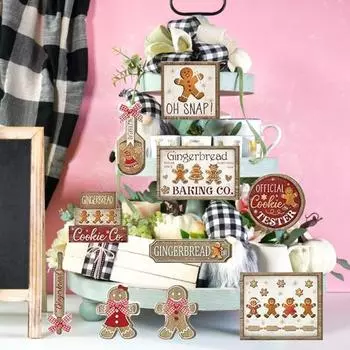24 шт. рождественских многоярусных подносов, украшения из дерева, многоразовые пряничные человечки, деревенские рождественские елки, гномы, снежинки, знаки для дома, многоярусный поднос, полка для стола Sets