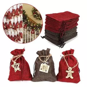 24 шт. Рождественский адвент-календарь, подвесные мешочки из мешковины с завязками для украшения рождественской тематической вечеринки дома, мешки для конфет