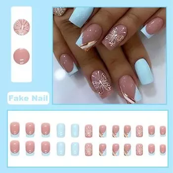 24 шт. съемные ногти светло-голубые французские золотые линии силуэтные ногти съемные долговечные наклейки для дизайна ногтей для самостоятельного дизайна ногтей дома 24PCS