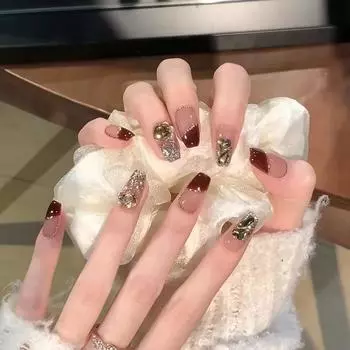 24 шт. Sense маникюр французский красный свет роскошный носить ногти шампанского вспышка алмазная вспышка пудра ногти часть