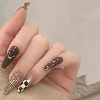 24 шт. шоколадный длинный балетный ноготь роскошная золотая фольга нерегулярный шахматный дизайн ногтей часть износа ногтей