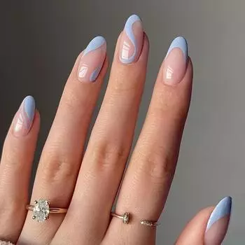 24 шт. симпатичных накладных ногтей миндалевидной формы, короткая длина с синим завитком, французский дизайн, накладные ногти с клеем, нейл-арт для женщин Imported ABS