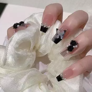 24 шт. средних накладных ногтей квадратные 3D камелия черный галстук-бабочка дизайн ногтей французский 1#