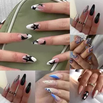 24 шт. Типсы для ногтей Нажмите на ногти DIY Поддельные Ниалы Накладные ногти Французские черные линии Длинные миндалевидные