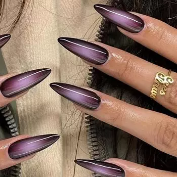 24 шт. удлиненных накладных ногтей-стилетов, черно-фиолетовые градиентные накладные ногти, глянцевые накладные ногти с клеем, элегантные накладные ногти для женщин и девочек