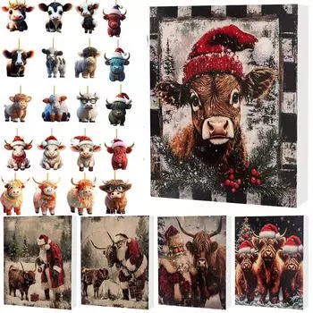 24 шт. украшения в виде коровы для дерева, акриловые мультяшные подвесные украшения в виде коровы в горной местности, симпатичное украшение в виде коровы в западном стиле, рождественский календарь обратного отсчета