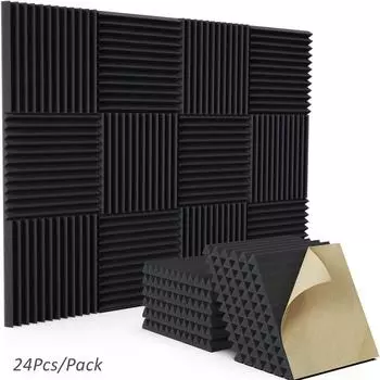 24 шт. улучшенная самоклеящаяся акустическая пенопластовая клиновидная плитка 12 x 12 x 1 для студии, звуковая пенопластовая панель, настенная панель, звукоизоляционная обработка для комнаты 24Pcs Gray Panels