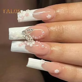 24 шт. водостойкие гелевые накладные ногти с полным покрытием, длинные Т-образные искусственные французские кончики, плоские накладные ногти, носимые накладные ногти, принадлежности для дизайна ногтей «сделай сам» розовый