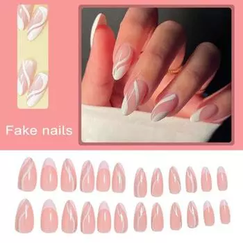 24 шт., женские носимые накладные ногти с клеем, розово-белый цвет, блестящий гель, накладные ногти, французский маникюр с блестками, советы, набор для дизайна ногтей «сделай сам» розовый