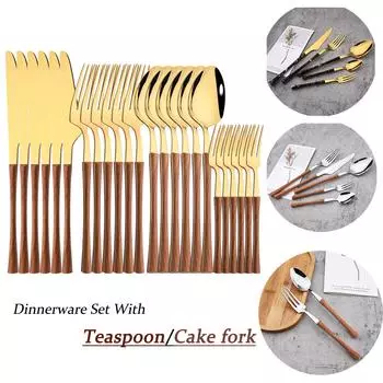24 шт. золото из нержавеющей стали с имитацией деревянной ручки, столовые приборы, набор столовых приборов, набор столовой посуды, западная посуда, нож, вилка, чайная ложка With Teaspoon чёрный/серебряный